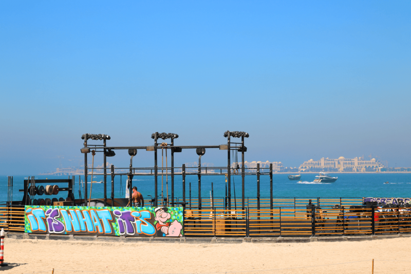 Dubai JBR Beach, Jumeirah Beach Residence, Beach, Dubai Marina, UAE, United Arab Emirates, Middle East, Persian Gulf, sun bed, relax, World Travel Adventurers, WorldTravelAdventurers, gym, exercise