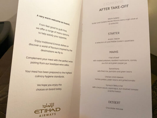 Etihad Menu Business Class